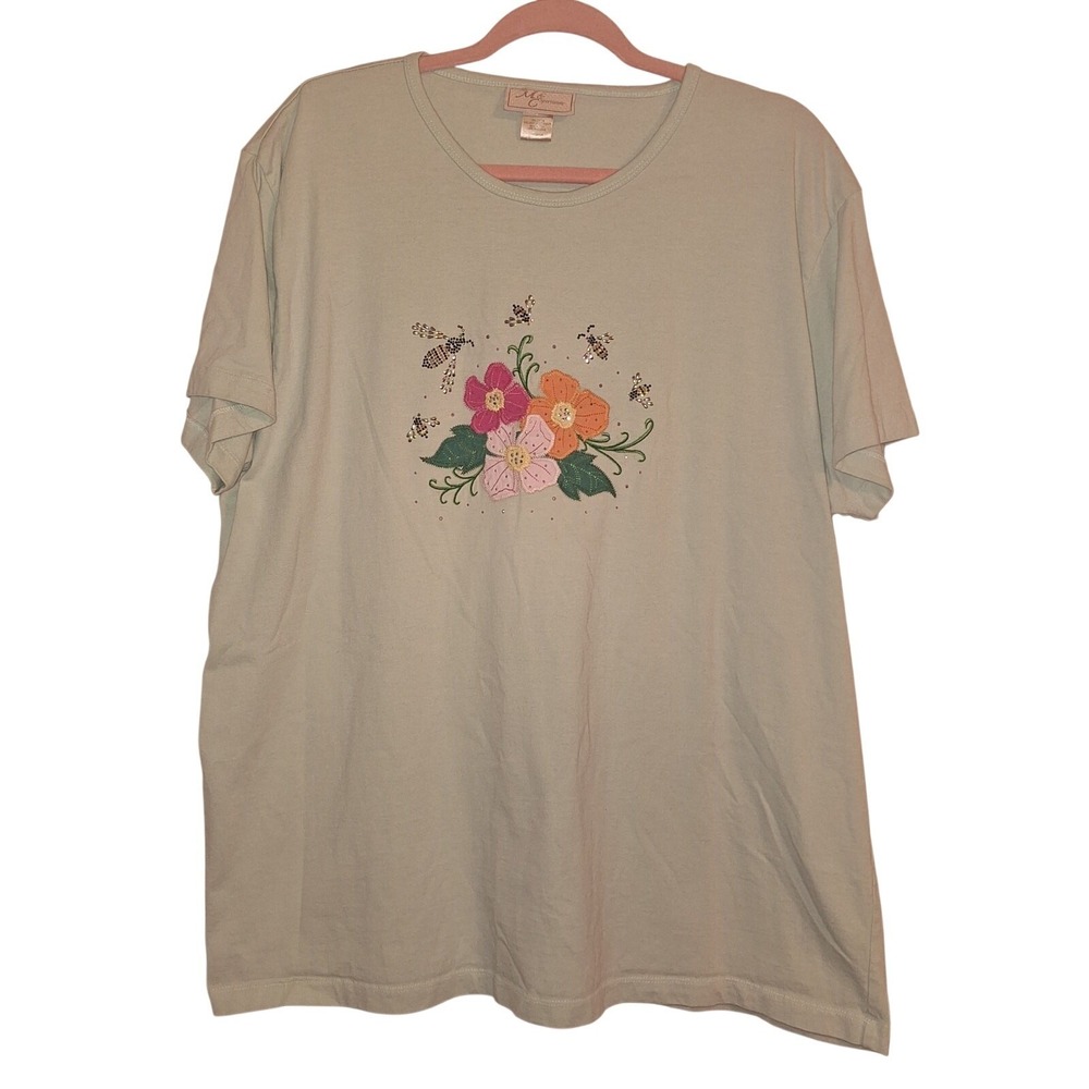 Vintage M & C Sportswear Women's Size XXX Large Green Spring Bee Flowers T-Shirt